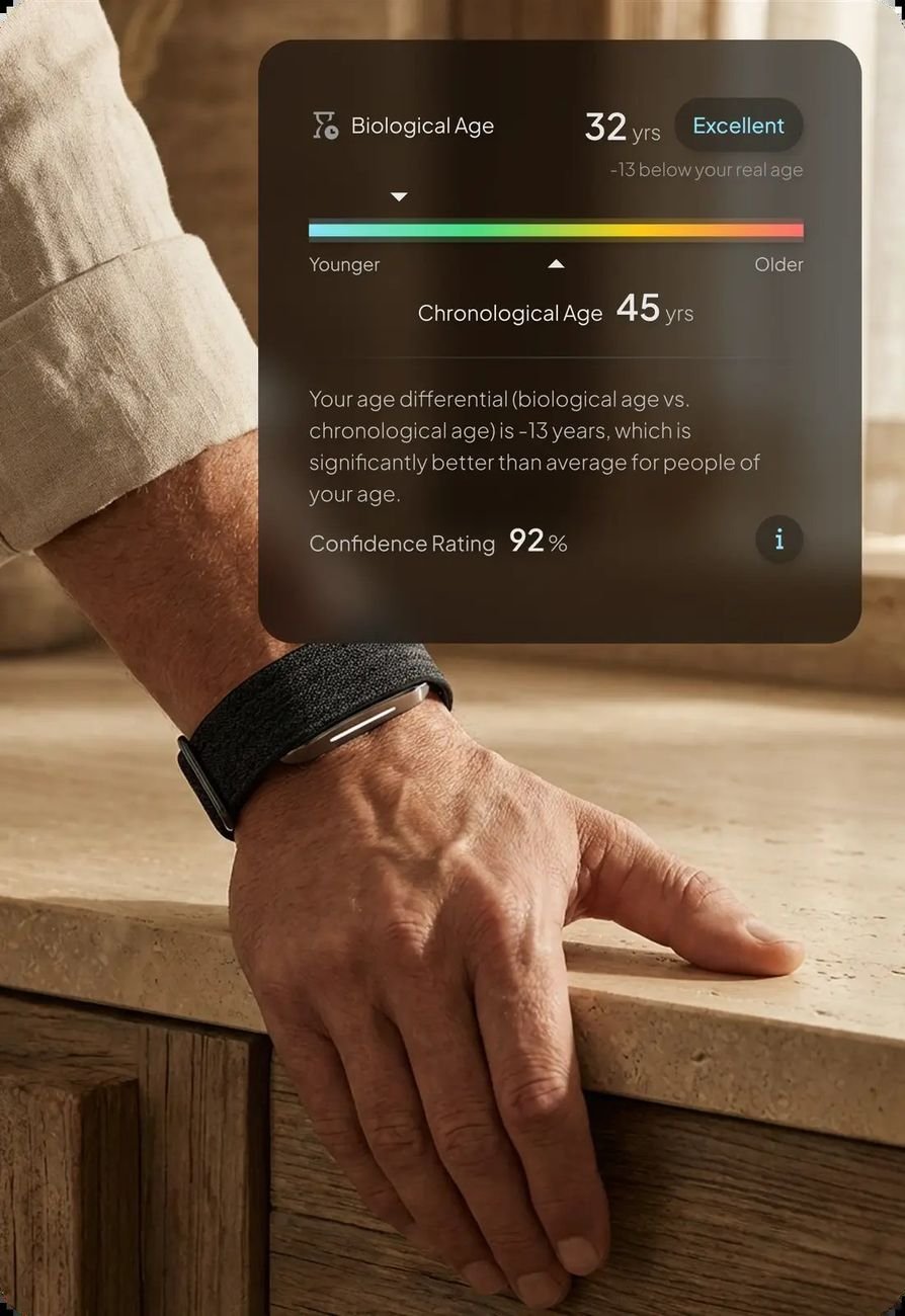 Hume-Band-App zeigt ein biologisches Alter von 32, deutlich unter dem tatsächlichen Alter