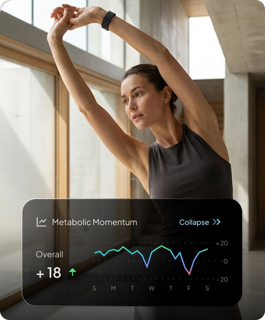 Frau dehnt sich mit Hume Band am Handgelenk — Metabolic-Momentum-Diagramm wird angezeigt