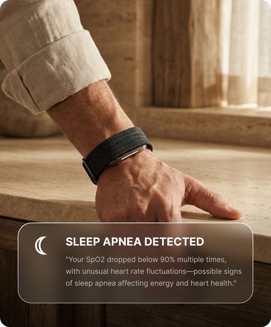 Hume Band am Handgelenk meldet ein mögliches Schlafapnoe-Signal in der Begleit-App