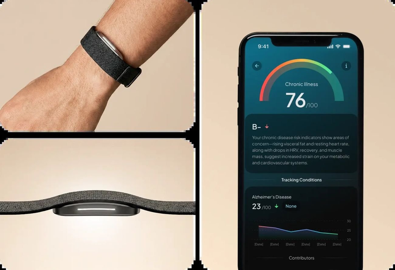 Hume Band am Handgelenk neben einem Smartphone mit Risiko-Score für chronische Erkrankungen
