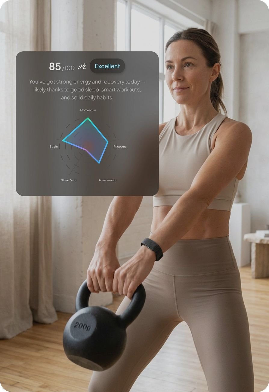 Frau hebt eine Kettlebell und trägt dabei das Hume Band — Metabolic-Capacity-Wert in der App sichtbar