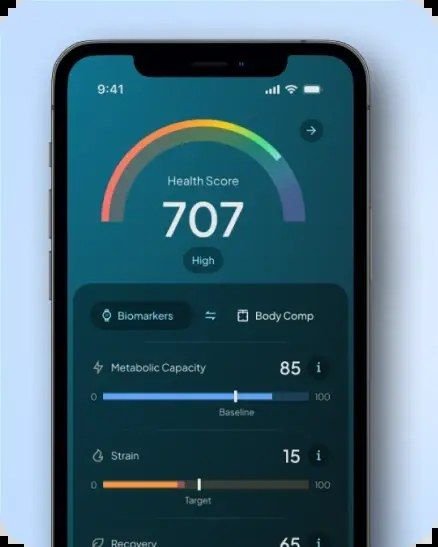 Hume-Health-App zeigt einen Gesamt-Gesundheitswert zusammen mit der metabolischen Kapazität